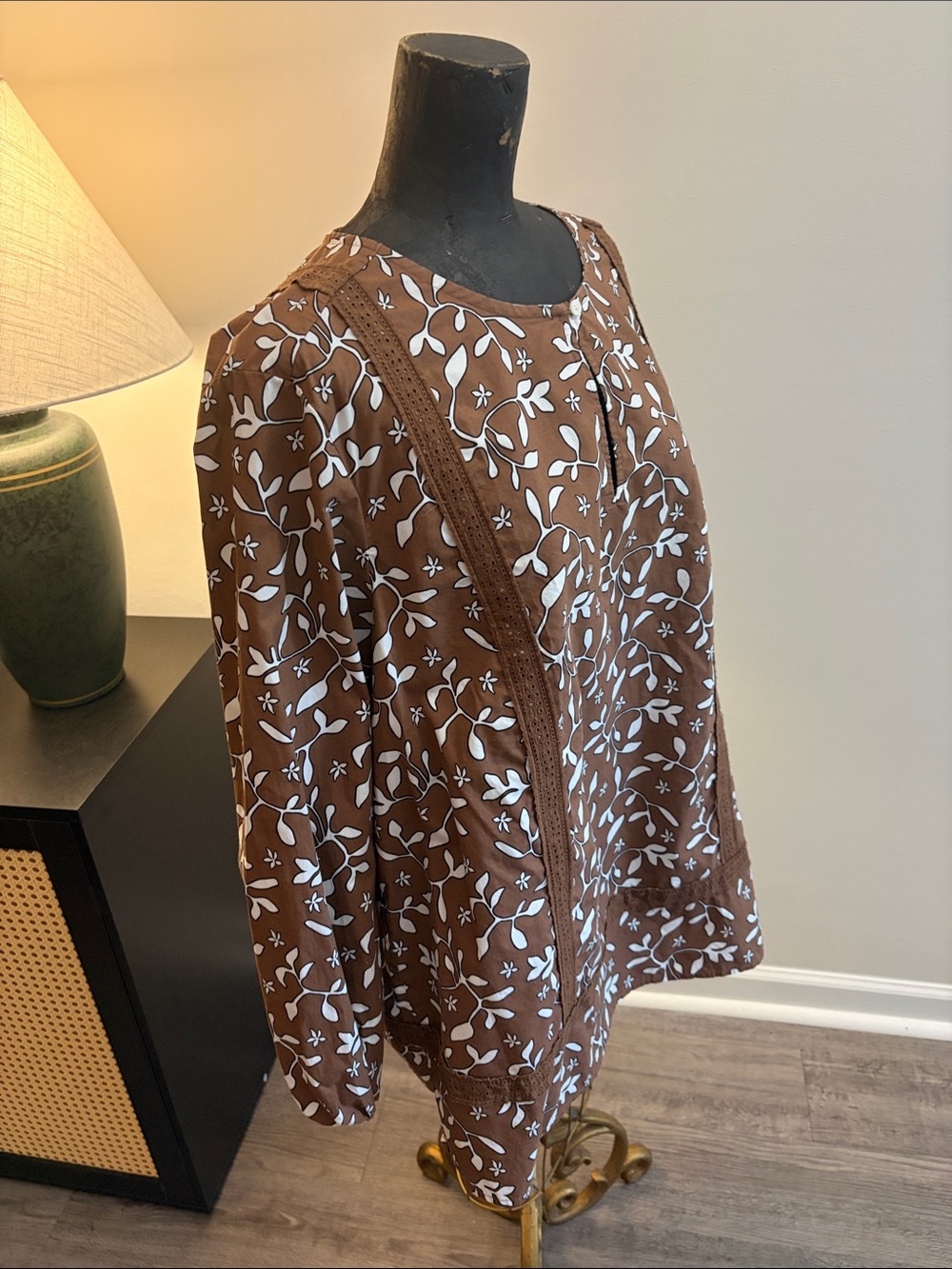 Land’s End 100% Cotton Boho Pop-Over Brown Floral Peasant Tunic Top Size 1X - Picture 7 of 13